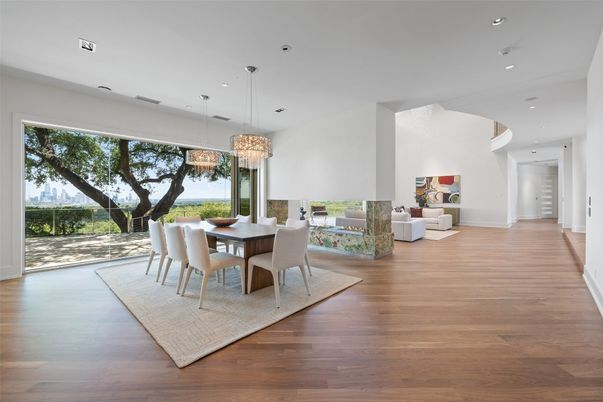 Chandelier, Dining room, Interior, Living room, Pendant Lights, Recessed Lighting, Wood Texture Flooring