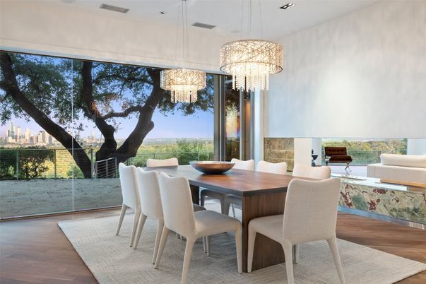 Chandelier, Dining room, Interior, Recessed Lighting, Wood Texture Flooring