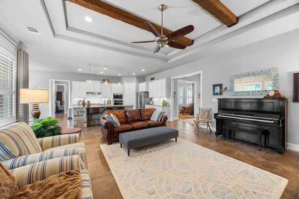 Interior, Kitchen, Living room, Pendant Lights, Piano, Recessed Lighting, Stainless Steel Appliances, Wooden Beams, Wood Texture Flooring