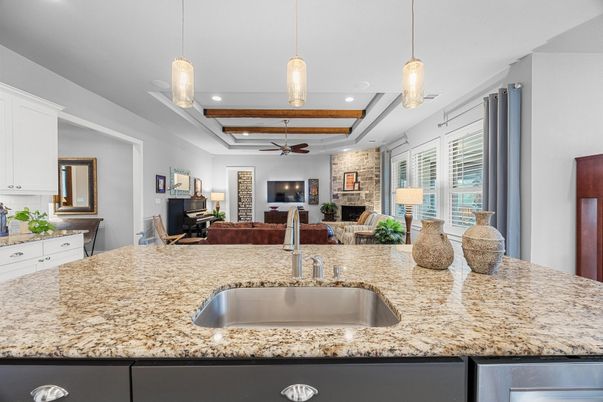 Fireplace, Interior, Living room, Pendant Lights, Recessed Lighting, Stone Walls