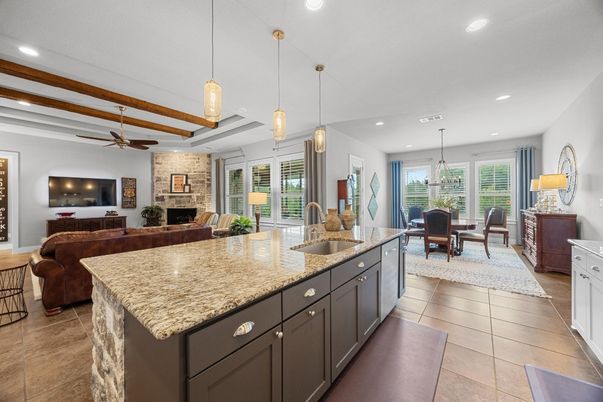 Dining room, Fireplace, Interior, Kitchen, Living room, Pendant Lights, Recessed Lighting, Stone Walls