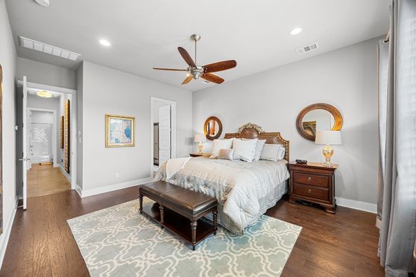 Bedroom, Interior, Recessed Lighting, Wood Texture Flooring