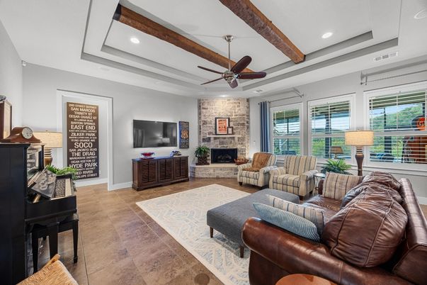 Fireplace, Interior, Living room, Recessed Lighting, Stone Walls, Wooden Beams