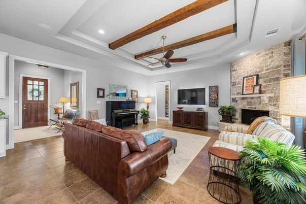 Fireplace, Interior, Living room, Piano, Recessed Lighting, Stone Walls, Wooden Beams