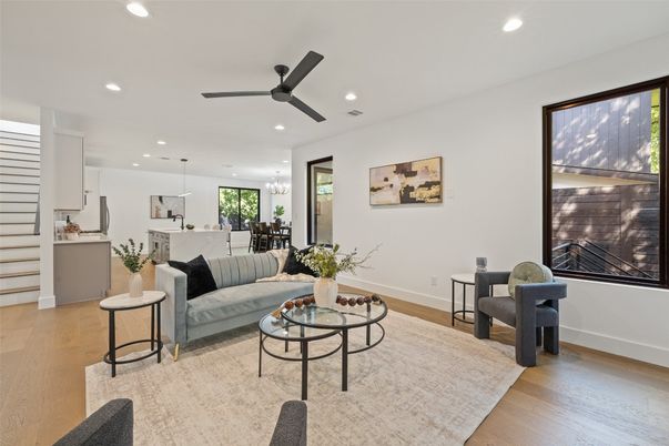 Dining room, Interior, Living room, Pendant Lights, Recessed Lighting, Wood Texture Flooring