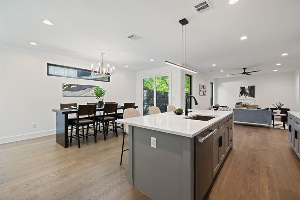 Chandelier, Dining room, Interior, Kitchen, Living room, Pendant Lights, Recessed Lighting, Wood Texture Flooring