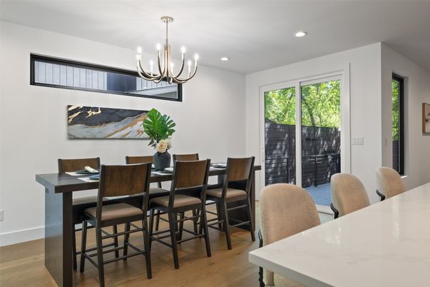 Chandelier, Dining room, Interior, Recessed Lighting, Wood Texture Flooring