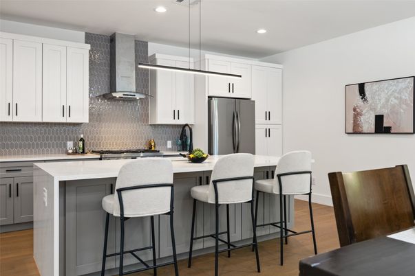 Interior, Kitchen, Pendant Lights, Recessed Lighting, Stainless Steel Appliances, Wood Texture Flooring