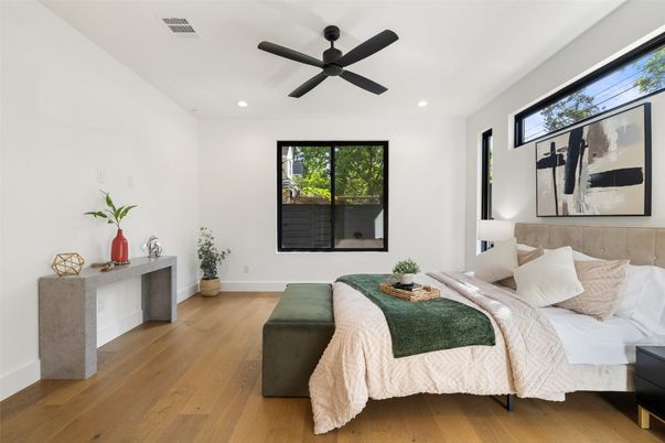 Bedroom, Interior, Recessed Lighting, Wood Texture Flooring