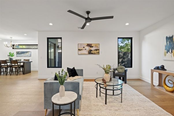 Dining room, Interior, Living room, Recessed Lighting, Wood Texture Flooring