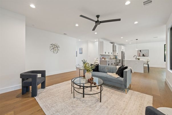 Interior, Kitchen, Living room, Pendant Lights, Recessed Lighting, Wood Texture Flooring