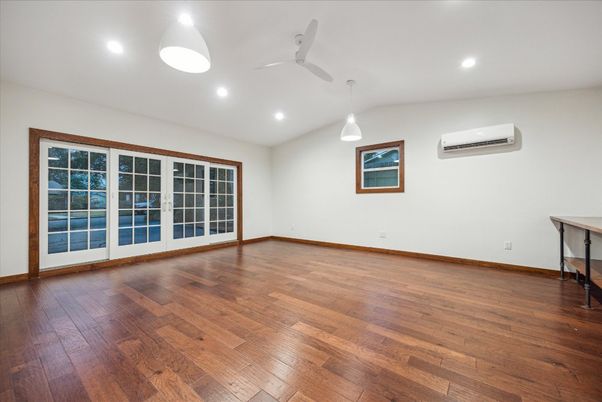 Empty room, Interior, Pendant Lights, Recessed Lighting, Wood Texture Flooring