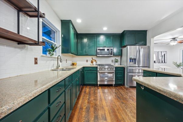Interior, Kitchen, Recessed Lighting, Stainless Steel Appliances, Wood Texture Flooring