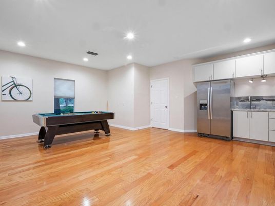 Billiard Table, Game Room, Interior, Recessed Lighting, Stainless Steel Appliances, Wood Texture Flooring