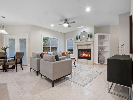 Dining room, Fireplace, Interior, Living room, Pendant Lights, Recessed Lighting