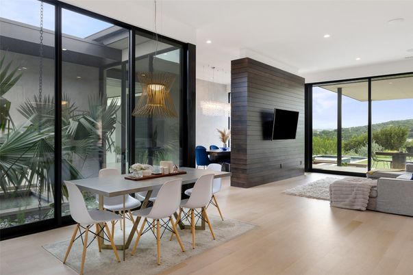 Dining room, Interior, Pendant Lights, Recessed Lighting, Wood Texture Flooring, Wooden Walls