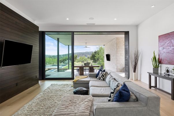 Interior, Living room, Recessed Lighting, Stone Walls, Wood Texture Flooring