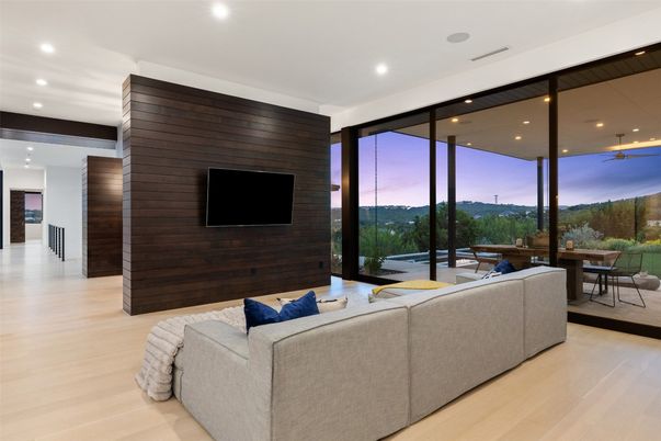 Interior, Living room, Recessed Lighting, Wood Texture Flooring, Wooden Walls