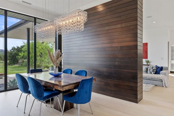 Chandelier, Dining room, Interior, Pendant Lights, Recessed Lighting, Wood Texture Flooring, Wooden Walls