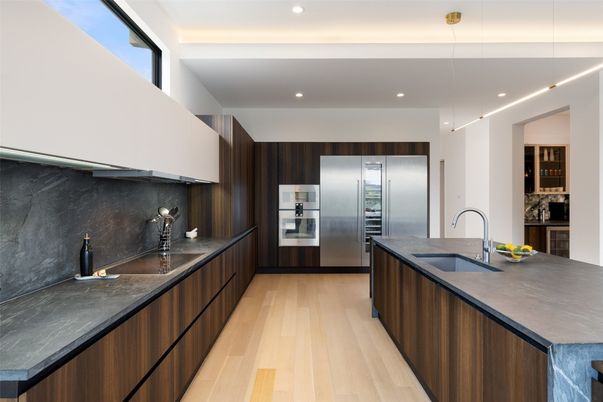 Interior, Kitchen, Pendant Lights, Recessed Lighting, Stainless Steel Appliances, Wood Texture Flooring