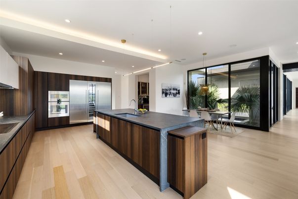 Dining room, Interior, Kitchen, Pendant Lights, Recessed Lighting, Stainless Steel Appliances, Wood Texture Flooring