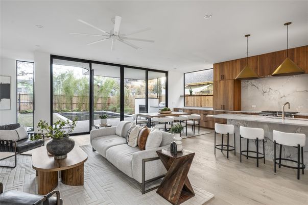Dining room, Interior, Kitchen, Living room, Marble Walls, Pendant Lights, Recessed Lighting, Wood Texture Flooring