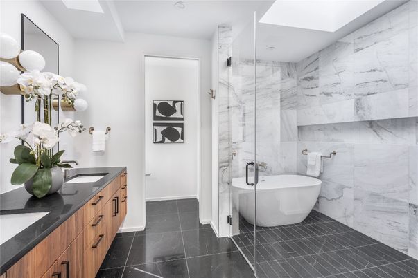 Bathroom, Dual Sink Vanities, Free Standing Baths, Glass Shower, Interior, Marble Walls, Recessed Lighting
