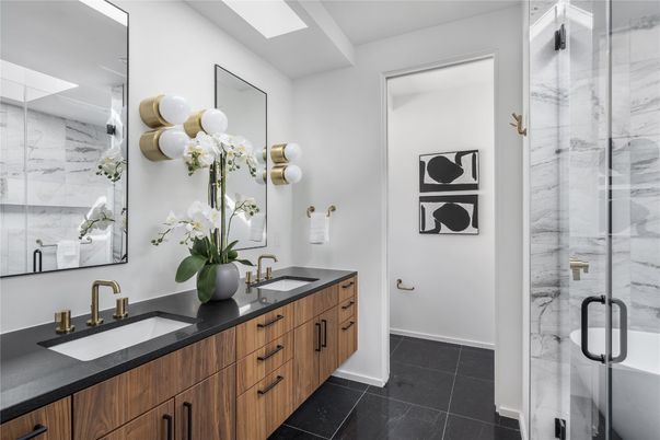 Bathroom, Dual Sink Vanities, Glass Shower, Interior, Marble Walls