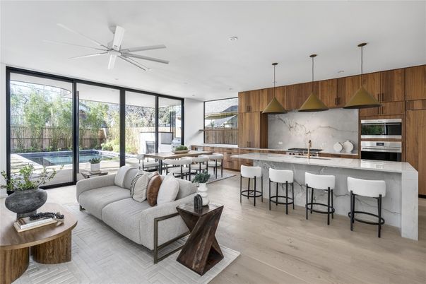 Dining room, Interior, Kitchen, Living room, Pendant Lights, Recessed Lighting, Stainless Steel Appliances, Wood Texture Flooring