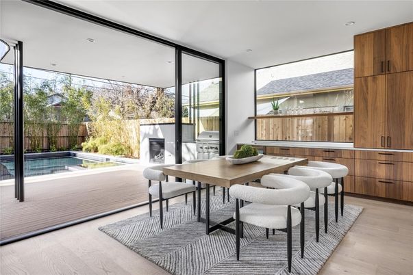 Dining room, Interior, Pool, Recessed Lighting, Wood Texture Flooring