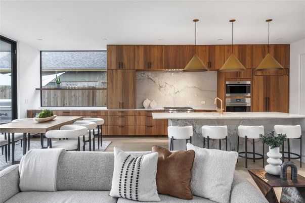 Dining room, Interior, Kitchen, Pendant Lights, Recessed Lighting, Stainless Steel Appliances, Wood Texture Flooring