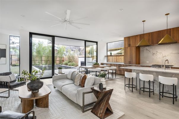 Dining room, Interior, Kitchen, Living room, Marble Walls, Pendant Lights, Recessed Lighting, Wood Texture Flooring