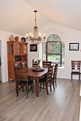 Chandelier, Dining room, Interior, Wood Texture Flooring
