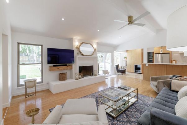 Fireplace, Interior, Living room, Recessed Lighting, Wood Texture Flooring