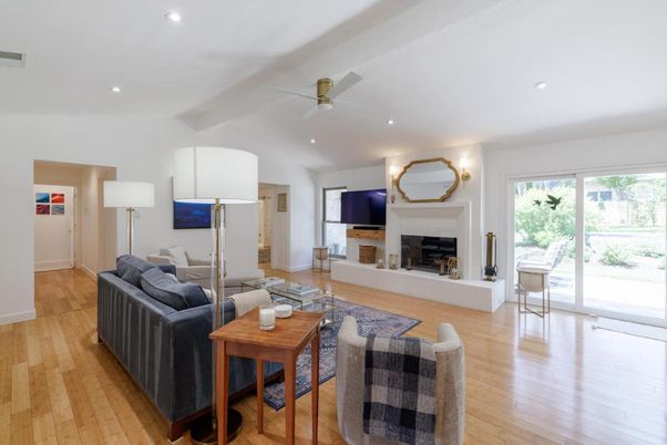 Fireplace, Interior, Living room, Recessed Lighting, Wood Texture Flooring