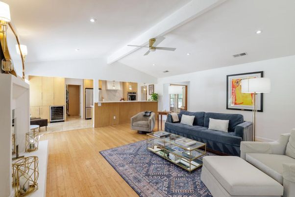 Fireplace, Interior, Kitchen, Living room, Recessed Lighting, Wood Texture Flooring