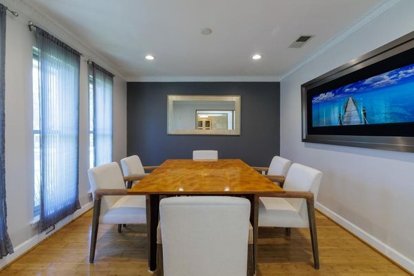 Dining room, Interior, Recessed Lighting, Wood Texture Flooring