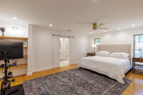 Bedroom, Interior, Recessed Lighting, Wood Texture Flooring