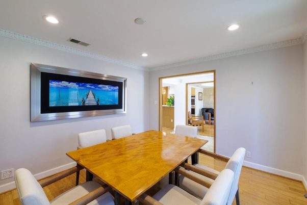 Dining room, Interior, Recessed Lighting, Wood Texture Flooring
