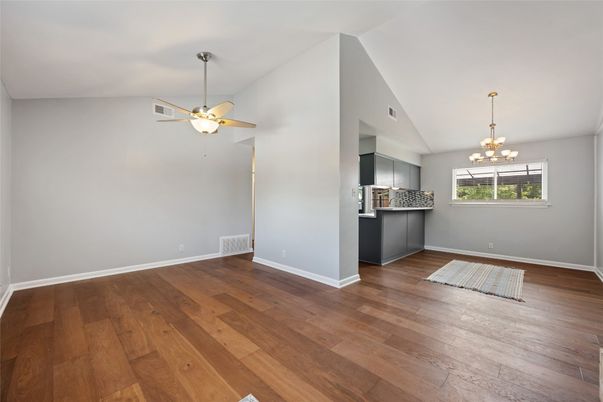 Chandelier, Empty room, Interior, Kitchen, Wood Texture Flooring
