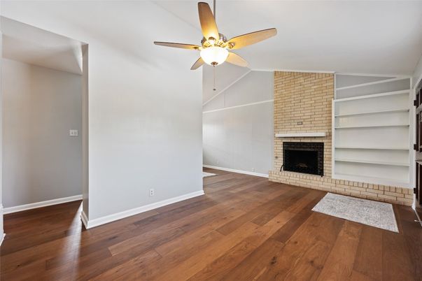 Empty room, Fireplace, Interior, Stone Walls, Wood Texture Flooring