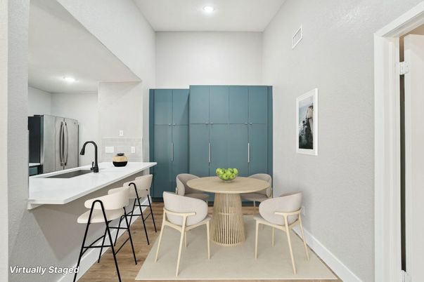 Dining room, Interior, Kitchen, Recessed Lighting, Wood Texture Flooring