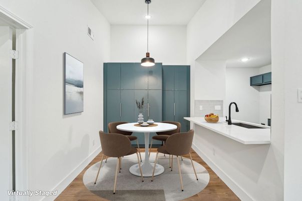 Dining room, Interior, Pendant Lights, Recessed Lighting, Wood Texture Flooring