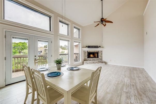 Dining room, Fireplace, Interior, Pendant Lights, Wood Texture Flooring
