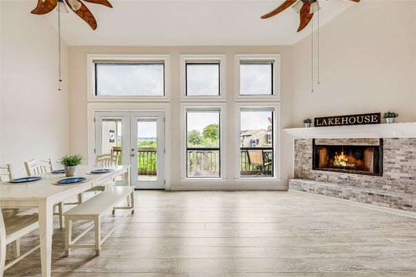 Dining room, Fireplace, Interior, Pendant Lights, Wood Texture Flooring