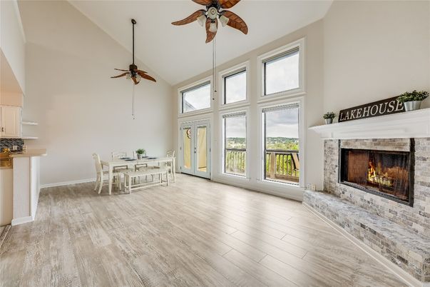 Dining room, Fireplace, Interior, Wood Texture Flooring