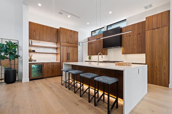 Interior, Kitchen, Pendant Lights, Recessed Lighting, Wood Texture Flooring