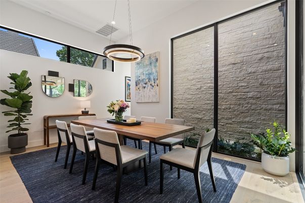 Dining room, Interior, Pendant Lights, Stone Walls, Wood Texture Flooring