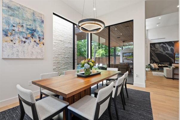 Dining room, Fireplace, Interior, Living room, Pendant Lights, Recessed Lighting, Wooden Ceilings, Wood Texture Flooring