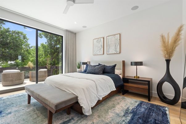 Bedroom, Interior, Recessed Lighting, Wood Texture Flooring